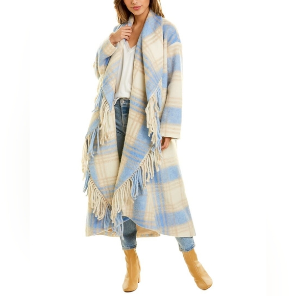 NWT Cinq à Sept Lita Wool Plaid Shawl Collar Fringe Coat Oversized XS - Picture 1 of 11
